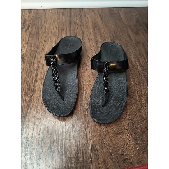 Flipflop Flip Womens Sparklie Crystal Strappy Wedge Thong Black Sandals Size 7 - Picture 1 of 6